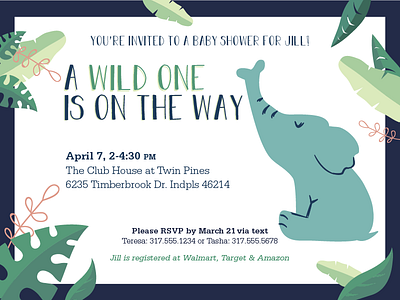 Baby Shower Invite baby shower blue elephant jungle leaves