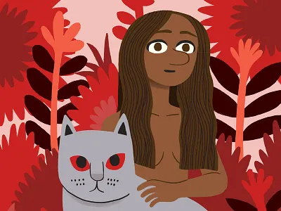 Cat animal cat digital painting illustration love nature peace plant life plants red woman