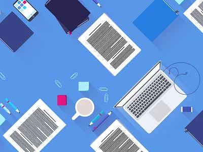 chaotic office in top view chaos clips illustration mackbook notepad postit