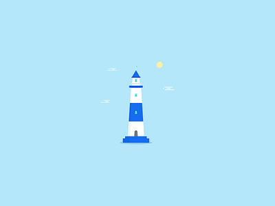 Lighthouse blue clouds flat illustration lighthouse minimalist sea sun vector