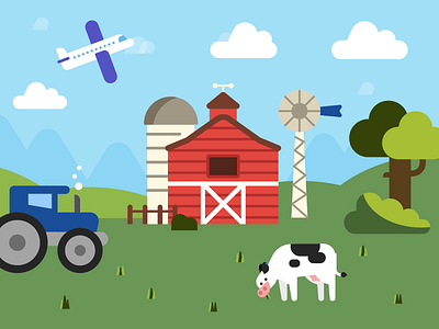 At The Farm barn cow cute farm fun illustration nature plane scene tracker tree