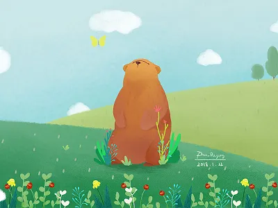 Hand-painted little bear bear cartoon cute drawings fresh hand painted lovely plant