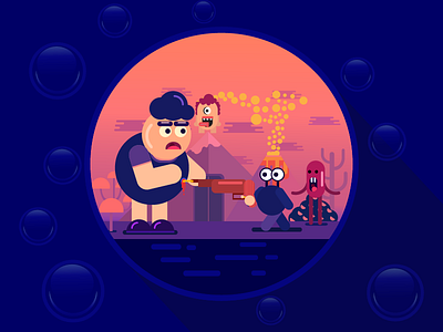 Underwater Fight basic shapes bubbles flat vector illustration mountain water