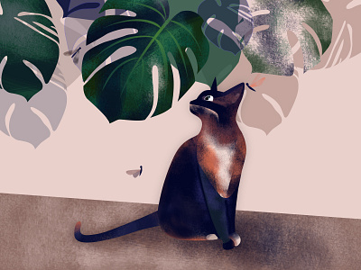 home jungles cat illustration monstera