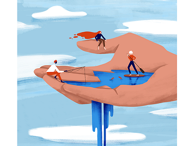 Little people fishing illustration lake people sky water