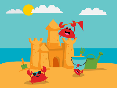 Crabby Beach Holiday beach bucket cartoon characters crab cute icon icon design illustration ocean sand sandcastle