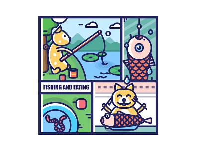 Fishing and eating 插画图形线性描边