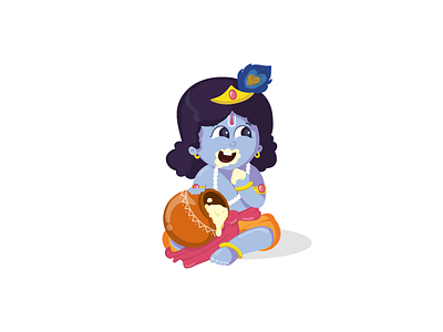 Little krishna blue butter cute eating fun illustration krishna makhan chor vector