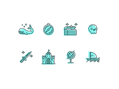 Adventure icon set adventure castle compass globe icon line ship sword treasure vector whale