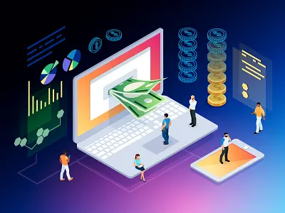 Cryptocurrency Isometric concept. 3d blockchain computer concept crypto currency currency dollars isometric money people phone vector