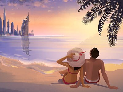 Couple in Dubai 2d beach building burj al arab cartoon city cute dubai fashion illustration skyline uae