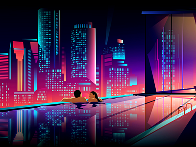 Couple in the penthouse 2d city fashion glass illustration megapolis neon rest romantic skyline urban