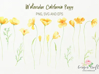California Poppy Clipart PNG and Vector clipart corner croft eps hand painted orange png svg watercolor yellow