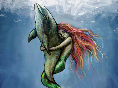The Rescue (illustration) dolphin hair mermaid ocean sea