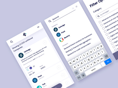Fintechdb Database Mobile app cards database filter mobile responsive search ui ux
