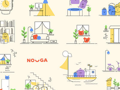 Nouga - Illustrations boat characters colors components door family icons illustrations insurance minimal tree