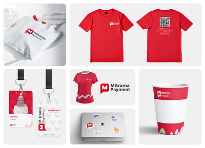 MitramaPay Branding brand branding clean cup graphic design id card logo mockup red shirt sticker tote bag ui white