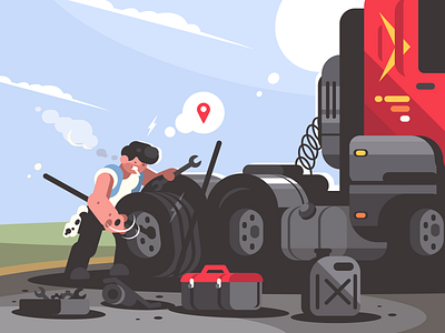 Repairing car car character driver flat illustration kit8 lorry man repair truck vector wheel