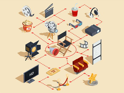 Cinema objects isometric. cinema icon illustration isometric set