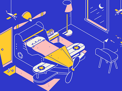 Plane Boi bedroom color illustration isometric night plane sleep vector