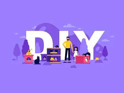 DIY cats cloud diy explainer fun girl illustration man shelter tree upcycling violet