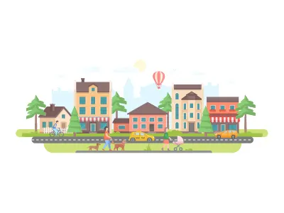 Small town city flat design illustration people small summer town