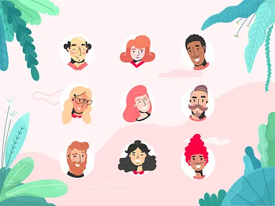 smiling faces avatar face fireart fireart studio flora flower girl happy illustration leafs man woman