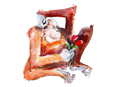 Orangutan with a poppy character illustration orangutan poppy watercolor