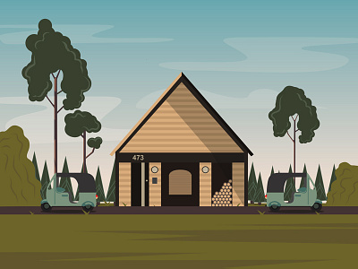 Black Mirror - Hang the DJ Tribute black mirror blue sky cabin illustration illustrator recovered trees vector woods