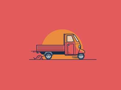 Piaggio Ape car flat illustration italy minimal orange red sun vector yellow