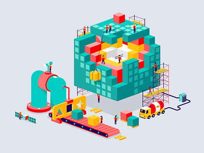 Building a digital world 3d app building construction digital illustration isometric machine patswerk vector workers world