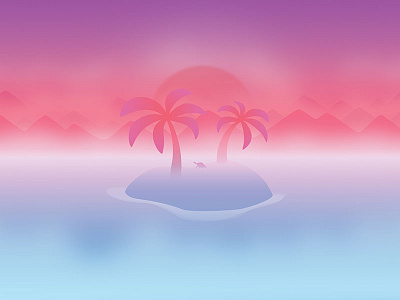 June background calendar flat fog illustration island mountain palm tree sea sunset turtle wallpaper