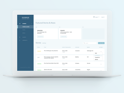 Volkswagen Group Newsroom Admin App clean dashboard sidebar table ui volkswagen web web app