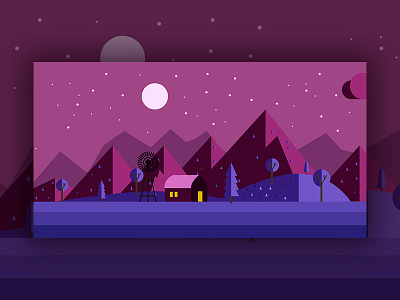 Illustration design drawing flat hill home illustration moon night purple star