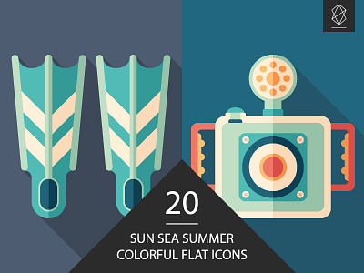Sun sea summer flat icon set button camera cartoon design flat icon flippers graphic illustration logo sea summer symbol