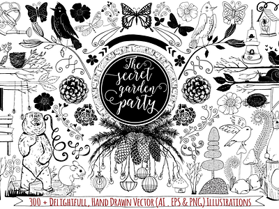 Garden party hand drawn vector illustration animal characters creative market doodles fantasy garden illustration vector woodland