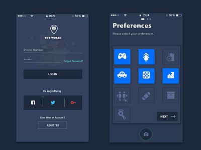 Toy World-Login screen dark theme e commerce ios iphone landing page