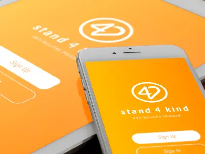 Stand 4 Kind App Concept 4 logo anti bullying branding heart logo helping kindness logo logo design love orange stand standing