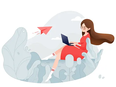A girl waiting for email computer email girl illustration natural plane plants red sketch wait work