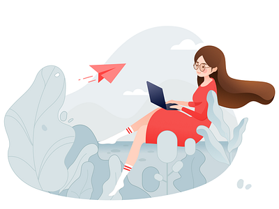 A girl waiting for email computer email girl illustration natural plane plants red sketch wait work