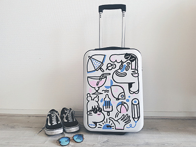 Suitcase painting character cocktail customized drawing holiday illustration suitcase sunglasses travel