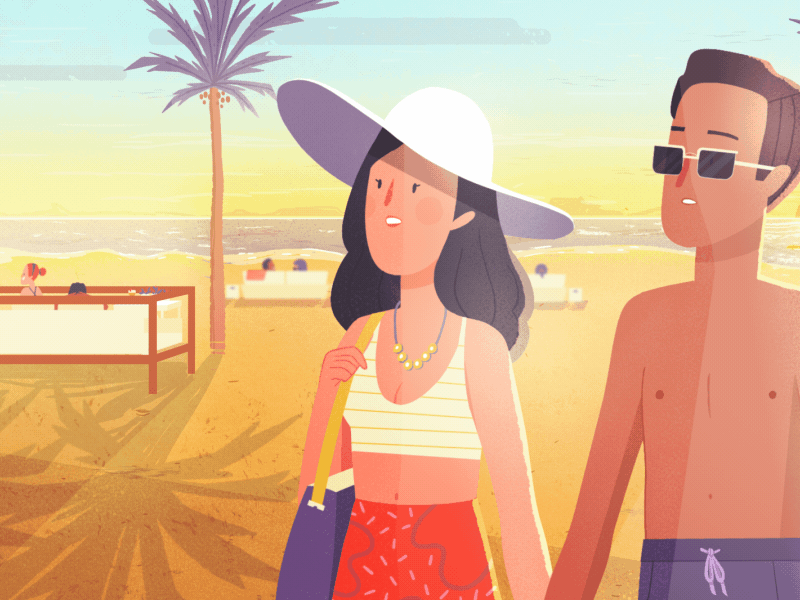 On the beach beach cabana cell animation frame by frame palm tree resort swimming