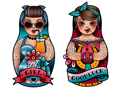 Russian Dolls old school pin up russian dolls tattooo vector