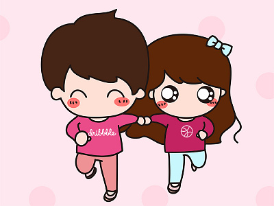Hello Dribbble, I am coming! boy cartoon cute girl illustration lovely lovers running sweetheart