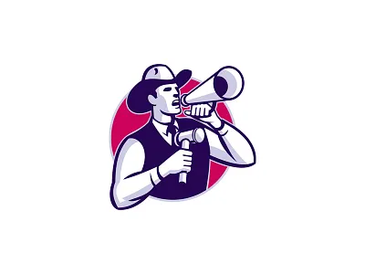 Auctioneer Cowboy Bullhorn Gavel Retro auction auctioneer blowhorn bullhorn cowboy gavel hammer loud hailer megaphone shouting speaking trumpet