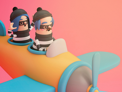 THIEF FLY 3d airplane c4d character friends illustrator sun thief