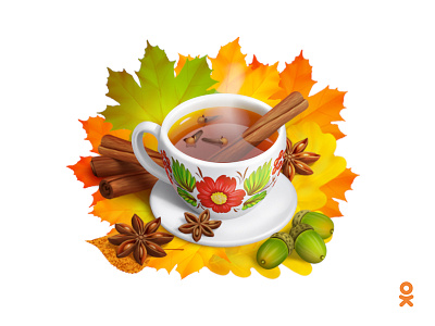 Tea with cinnamon (for ok.ru) acorns autumn cinnamon gift illustration leaves tea