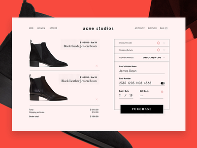 Credit Card Check Out - Daily UI Challenge acnestudios boots checkout creditcard dailyuichallenge designer desktop dropdown ecommerce shoes uiux