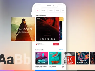 Entertainment App app cards discovery events listing movies offers popular sketch ui ux