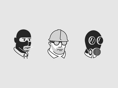 1930s Spy, Engineer, Pyro avatars cartoon character classic cuphead engineer eye gaben grayscale illustration pie pyro sombra spy team fortress 2 tf2 torbjorn valve vintage winston